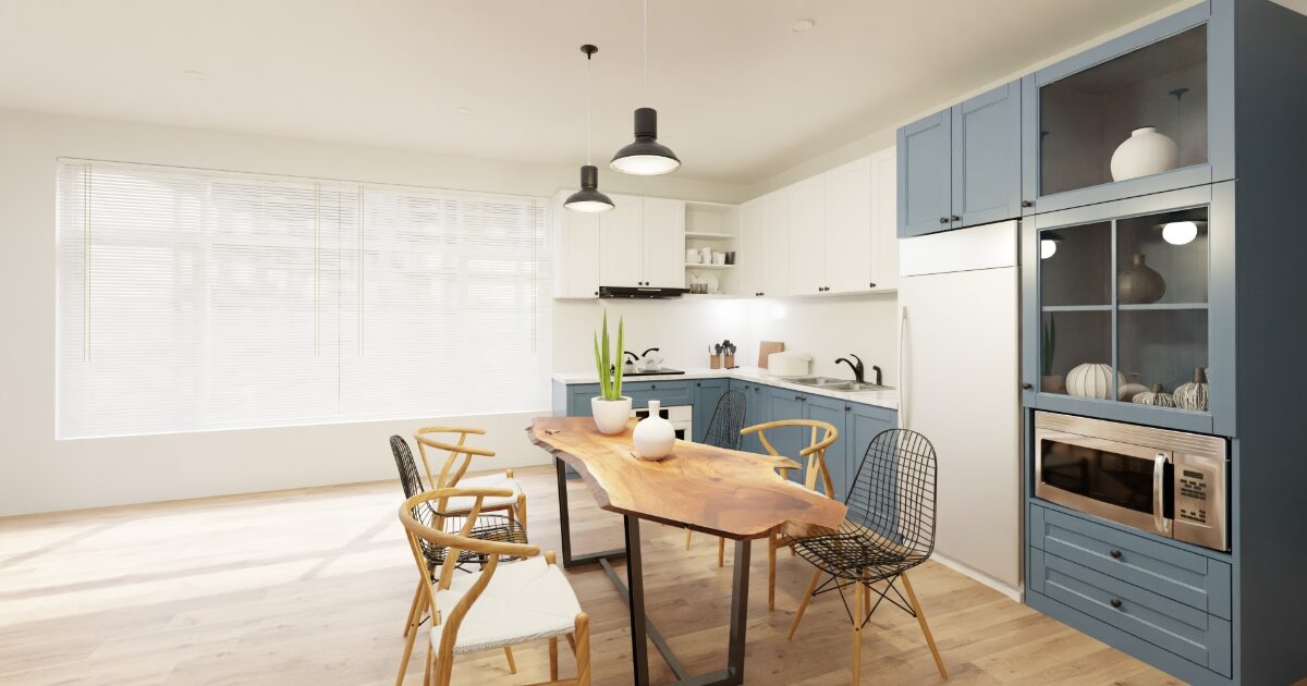 木目テーブルとブルーキャビネットが映える北欧モダンなキッチン空間