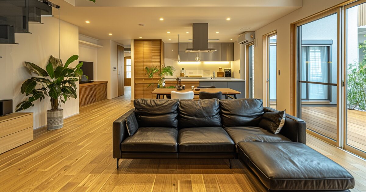 黒いレザーソファとアイランドキッチンがある高級感のあるリビングダイニング